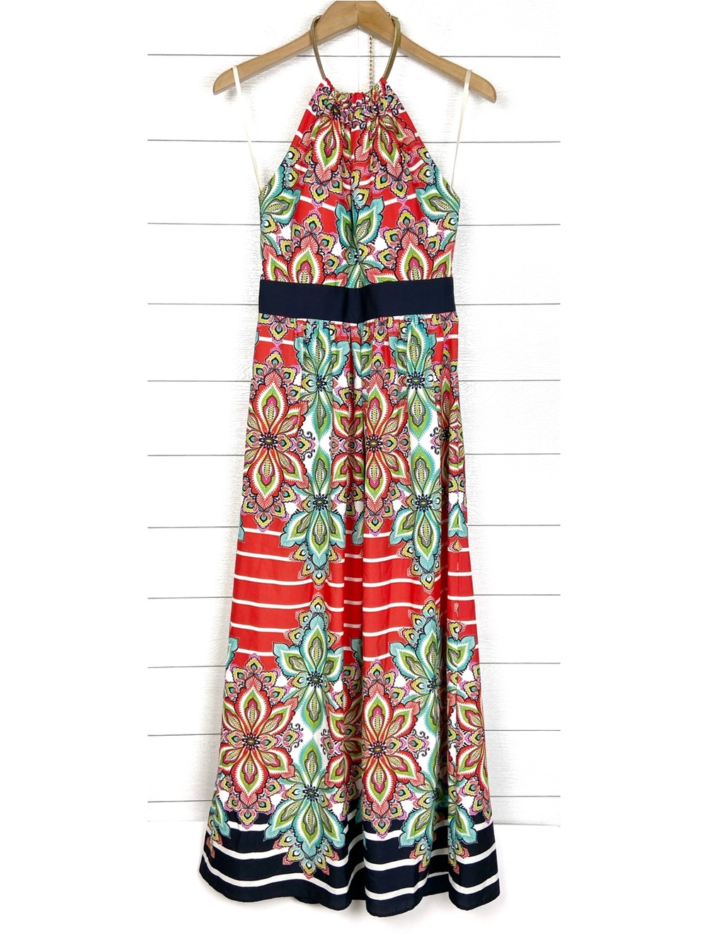 ELIZA J Floral Striped Chain Halter Maxi Dress Orange Blue Paisley Floral Summer